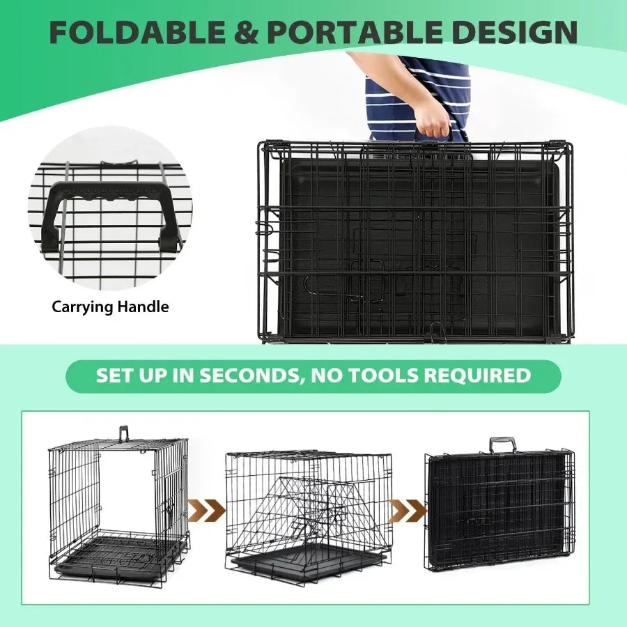 Foldable Metal Dog/Cat Crate with Single Door and Secure Slide Bolt Latches. Leakproof Tray for Small Breeds Portable Kennel