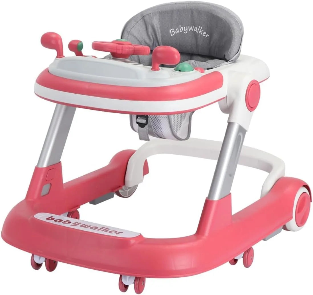 2 in 1 Baby Walker, Toddler Baby Push Walker with Removable Feeding Tray and Music Tray (Without Battery), Foldable Walker