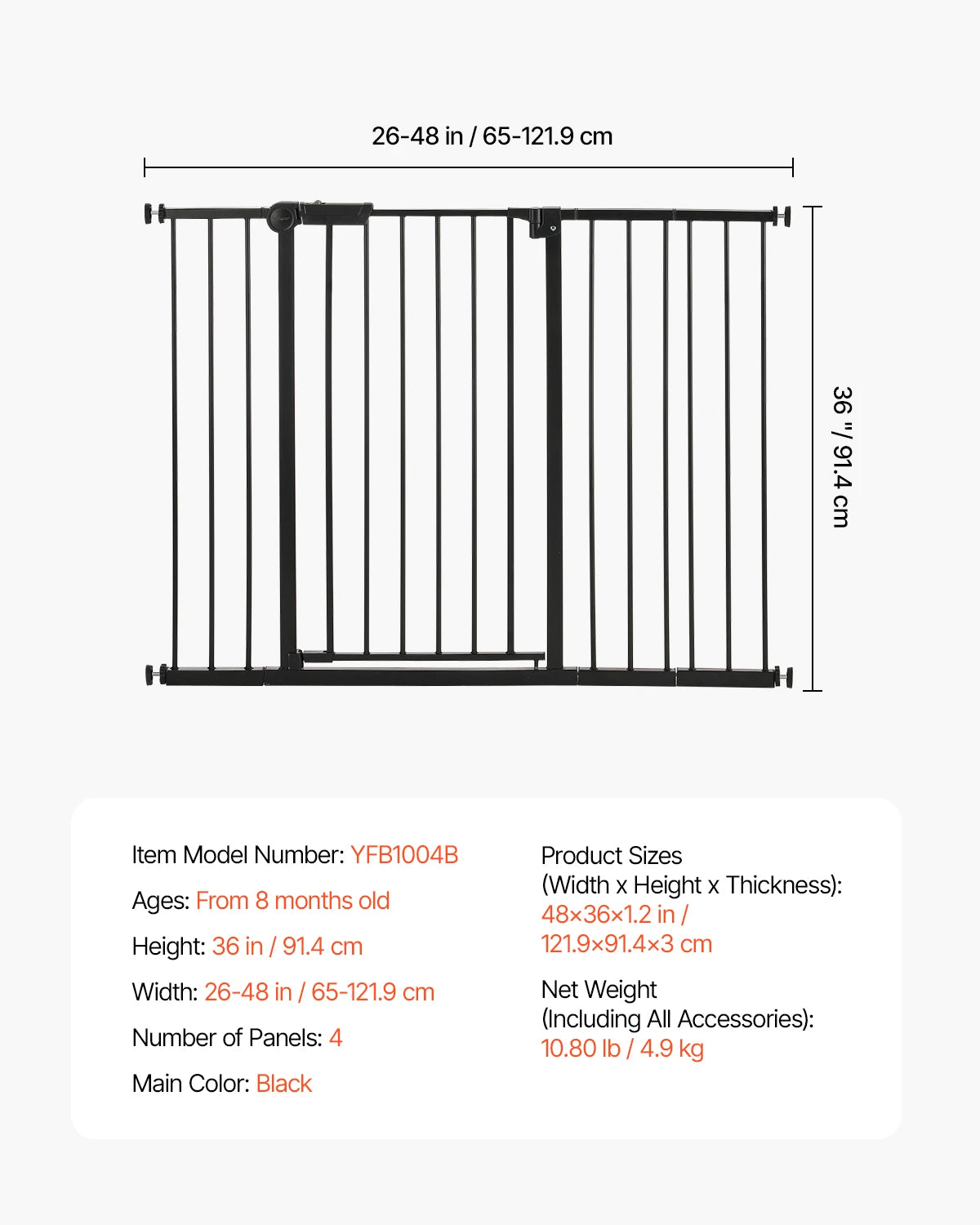 Baby Gate 28/30/36 Inches High Dog Gate Easy Step Walk Thru Child Pet Security Pressure Mount Kit Wall Cups Doorways