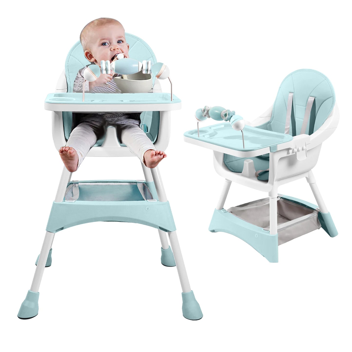 Baby High Chair, Portable Baby Dining Chairs Eat & Play Convertible High Chair with Double-Layer Dinner Plate and Toy Rack