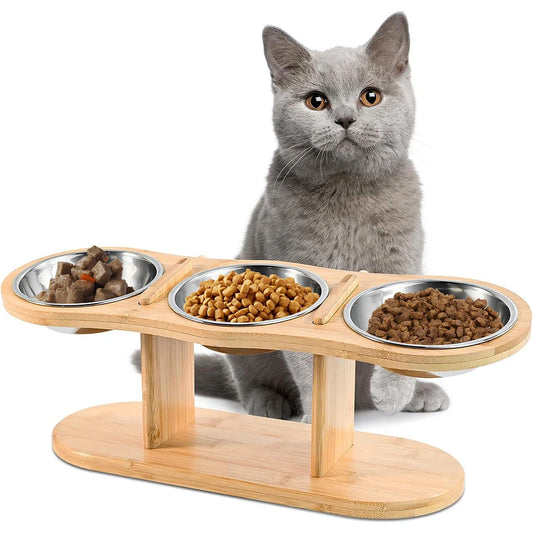 Cat & Dog 3 Bowls in 1 Feeder Feeding & Watering Supplies Food Bowl 15-Degree Tilt Raised 3 Stainless Steel Bowls Wood Brackets