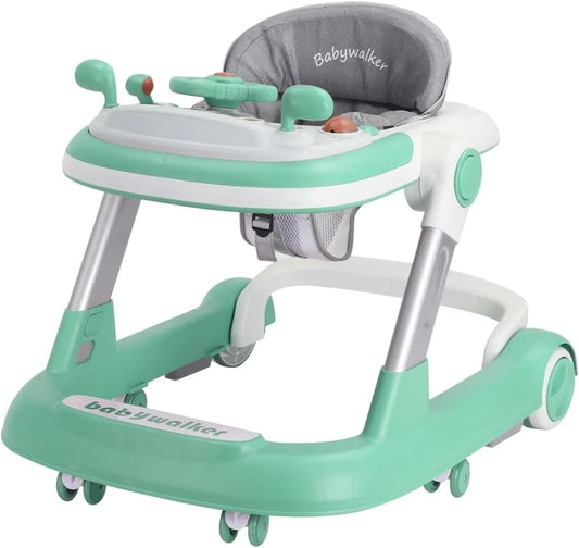2 in 1 Baby Walker, Toddler Baby Push Walker with Removable Feeding Tray and Music Tray (Without Battery), Foldable Walker