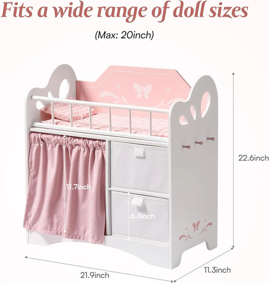 Doll Crib Wooden Toy Baby Crib with Storage Bedding Wooden Hooks Doll Crib Fits Dolls up to 21"